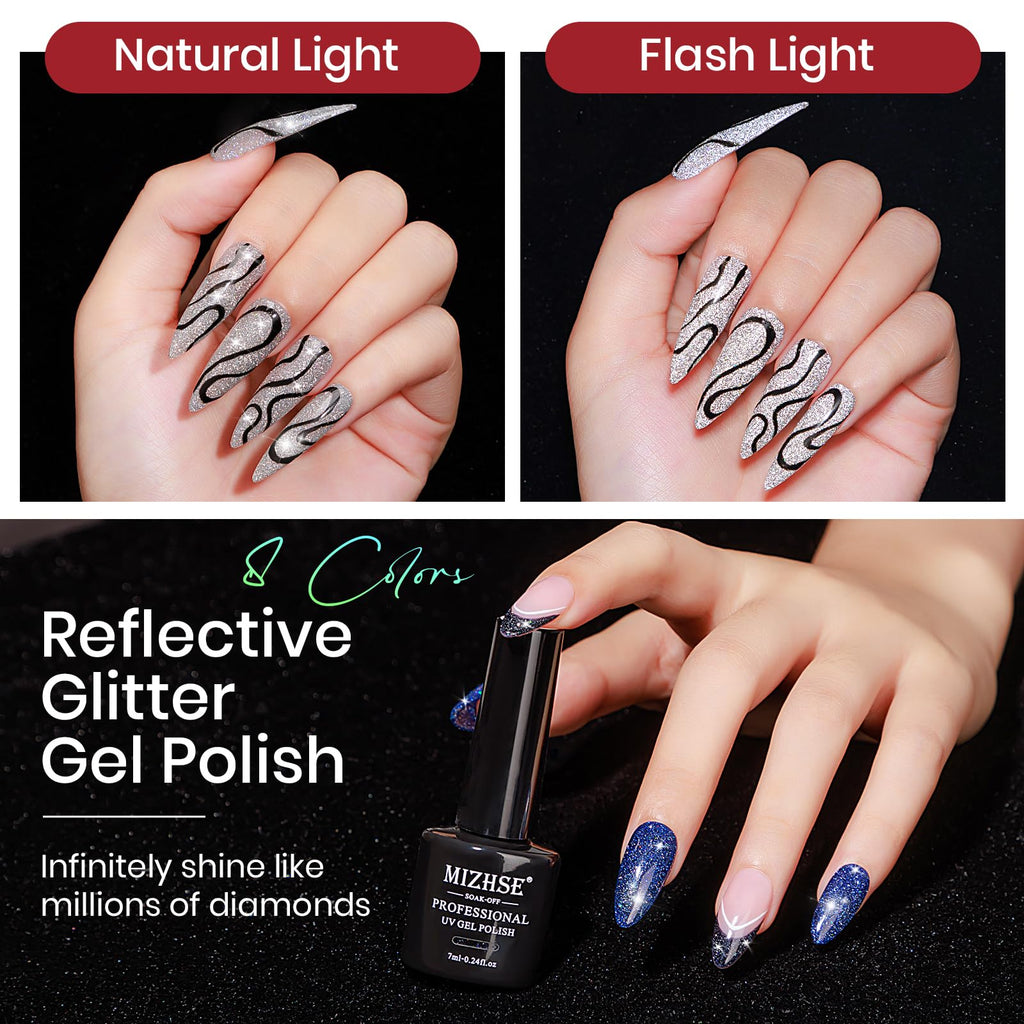MIZHSE Reflective Glitter Gel Polish – 8-Color Red & Silver Holographic Gel Nail Polish for LED/UV