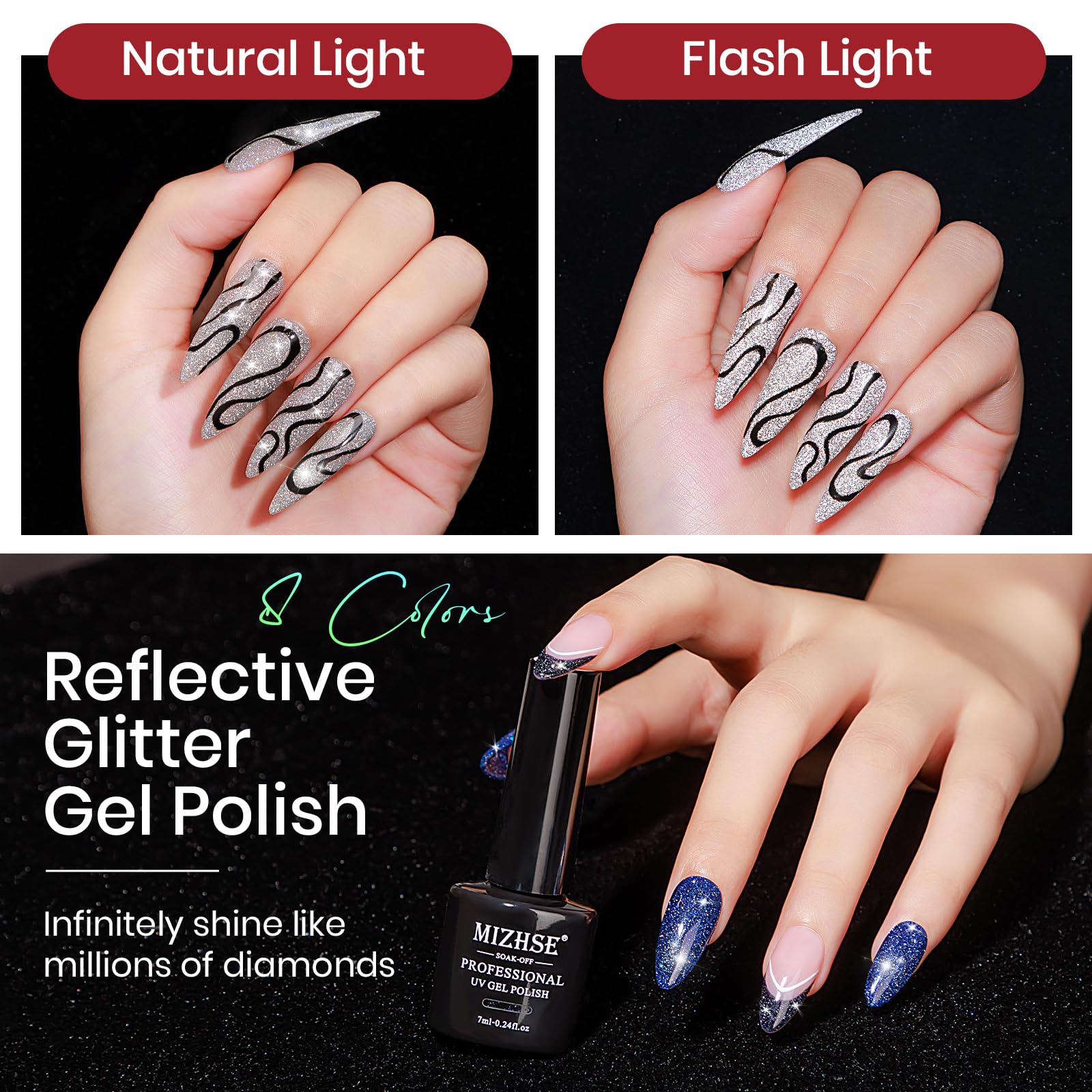 MIZHSE Reflective Glitter Gel Polish – 8-Color Red & Silver Holographic Gel Nail Polish for LED/UV
