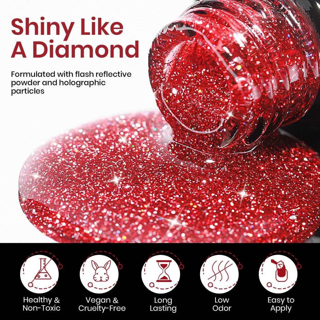 MIZHSE Reflective Glitter Gel Polish – 8-Color Red & Silver Holographic Gel Nail Polish for LED/UV