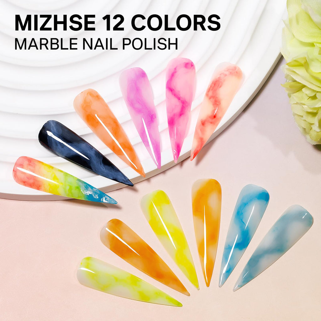 MIZHSE Marble Ink for Nails - 12-Color Blooming Marble Gel Nail Polish Set for At-Home Manicure