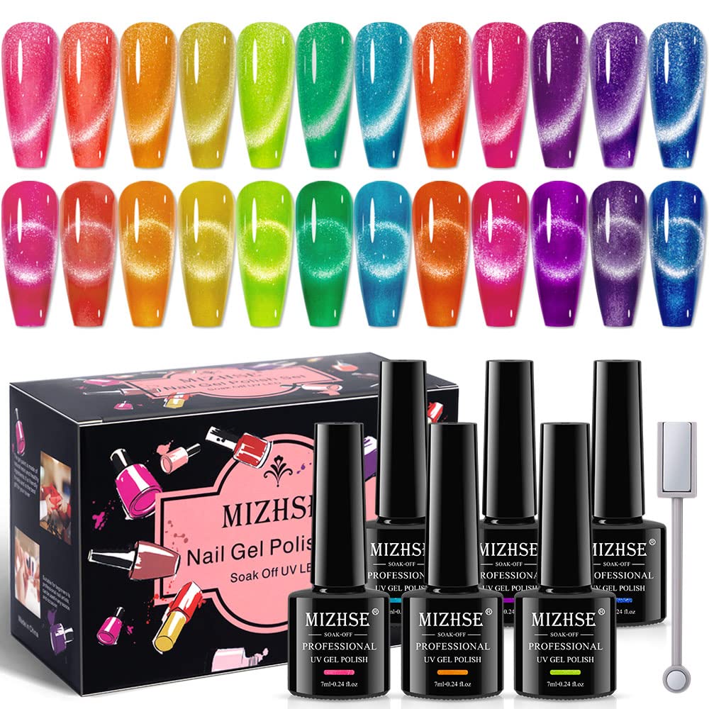 MIZHSE Neon Cat Eye Gel Polish Kit – 12-Color Glitter Magnetic Set with 3D Magnet