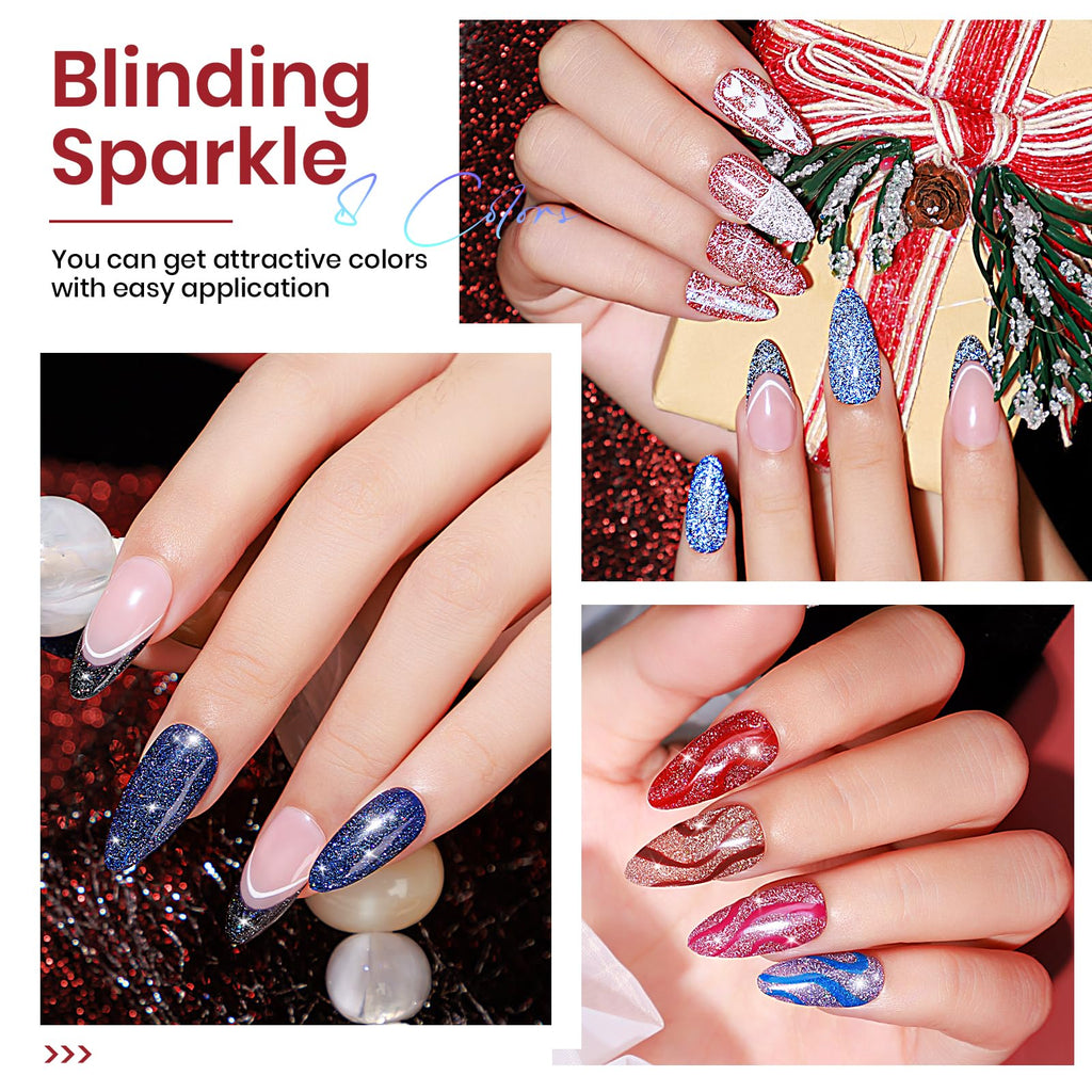 MIZHSE Reflective Glitter Gel Polish – 8-Color Red & Silver Holographic Gel Nail Polish for LED/UV