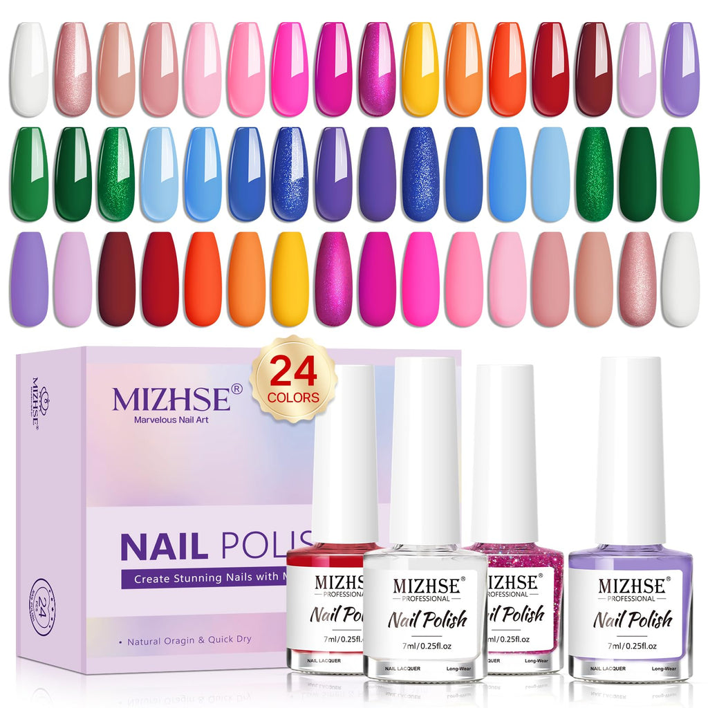 MIZHSE Quick Dry Nail Polish Set – 24 Colors, Oil-Based, Fast Dry, Neon Glitter Collection