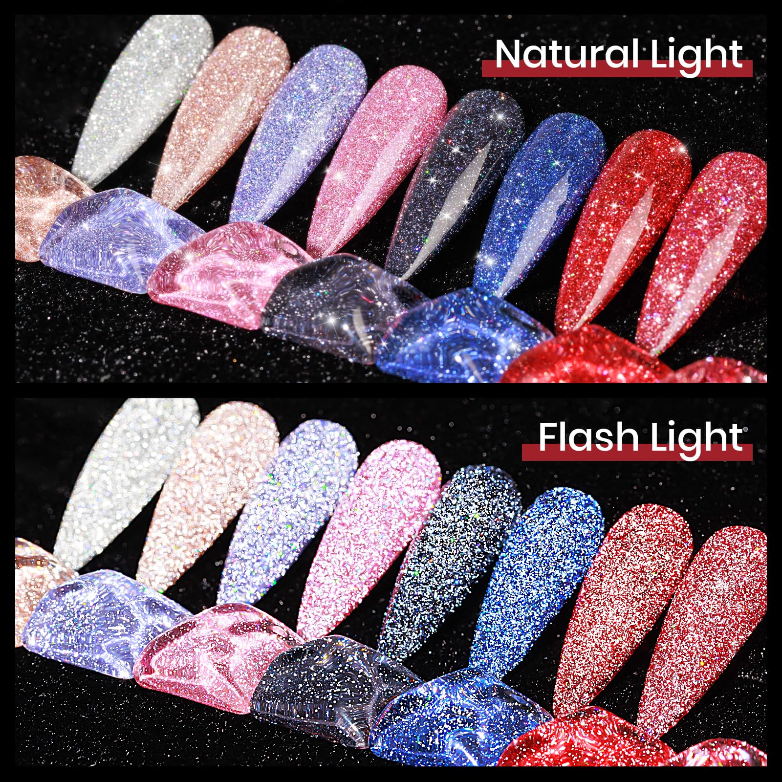 MIZHSE Reflective Glitter Gel Polish – 8-Color Red & Silver Holographic Gel Nail Polish for LED/UV