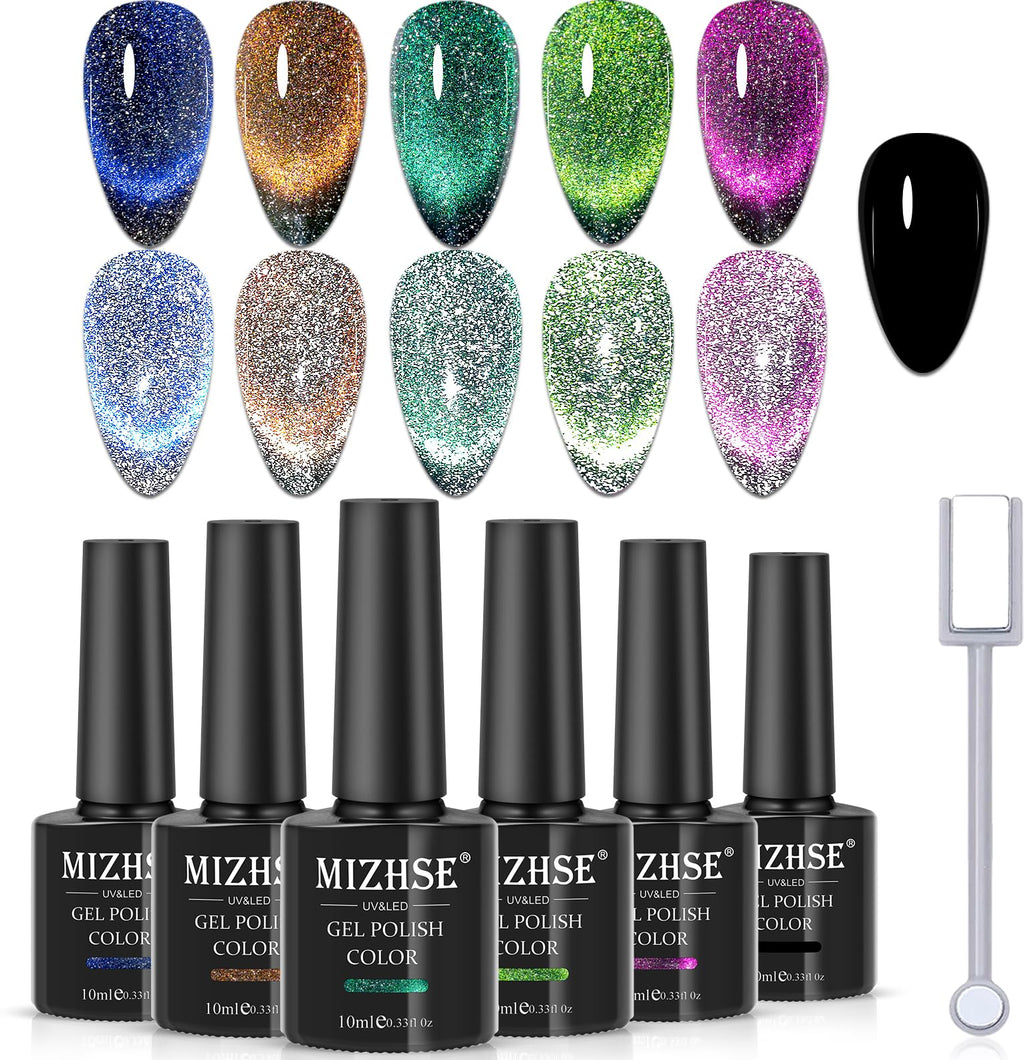 MIZHSE Reflective Glitter 9D Cat Eye Gel Nail Polish Set with Magnet – Galaxy Shimmer