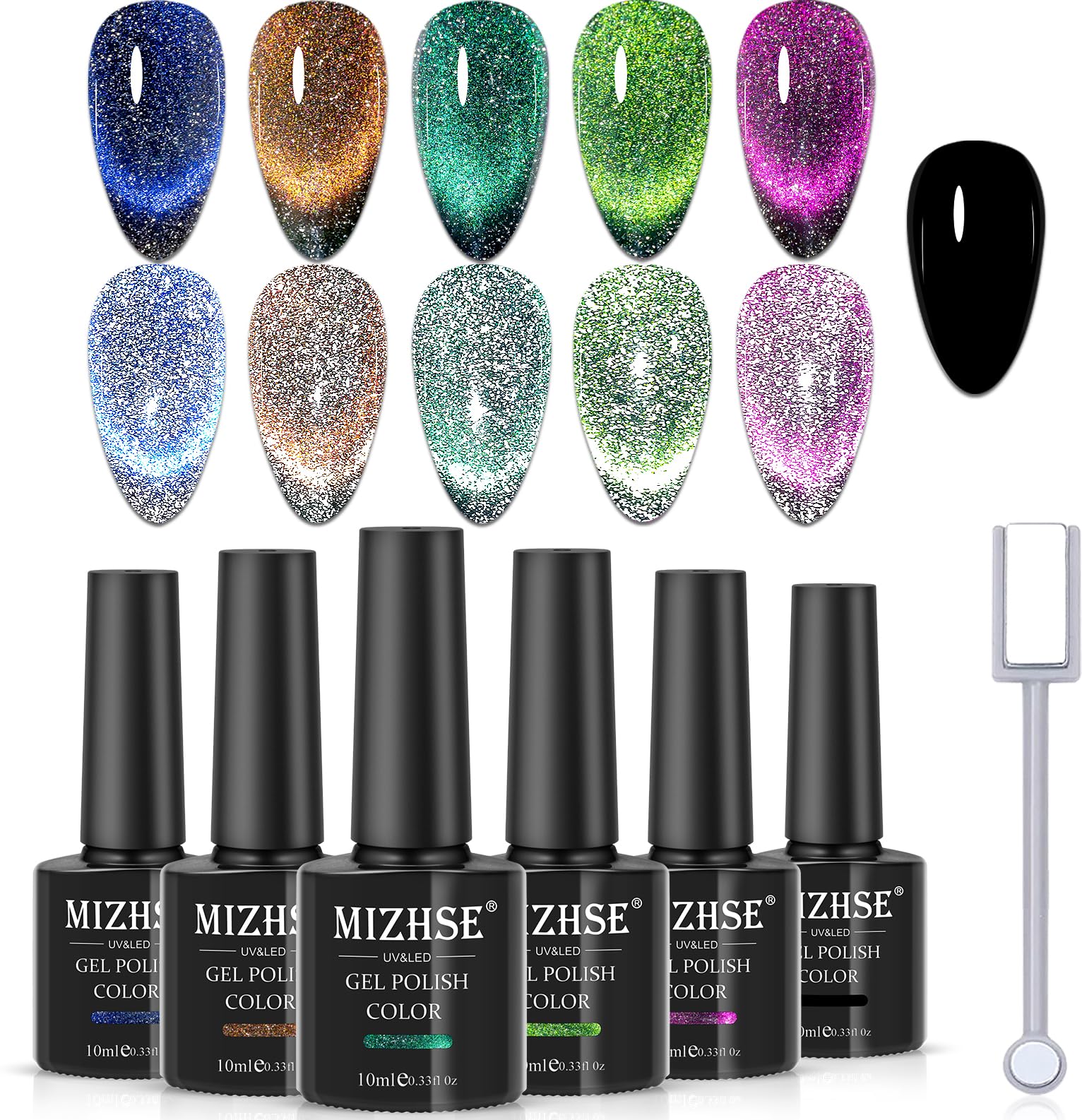 MIZHSE Reflective Glitter 9D Cat Eye Gel Nail Polish Set with Magnet – Galaxy Shimmer