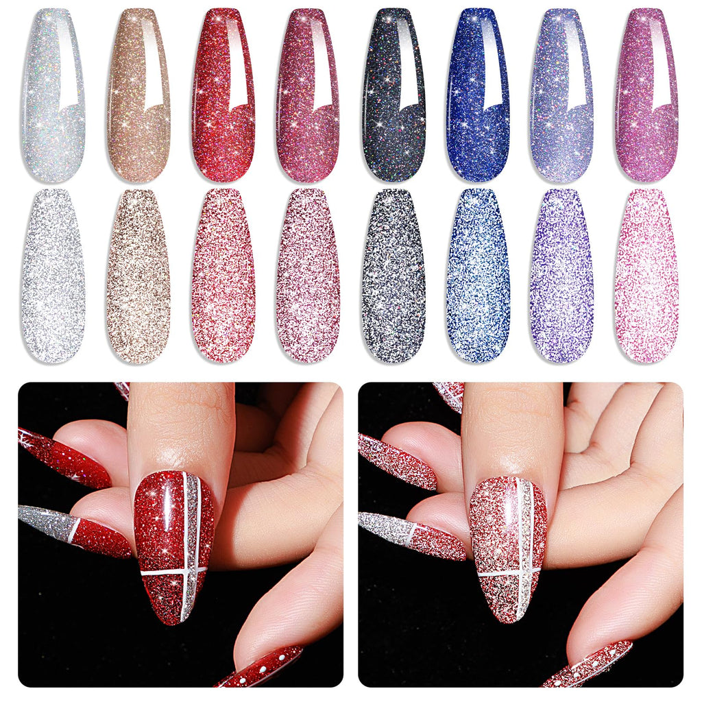 MIZHSE Reflective Glitter Gel Polish – 8-Color Red & Silver Holographic Gel Nail Polish for LED/UV