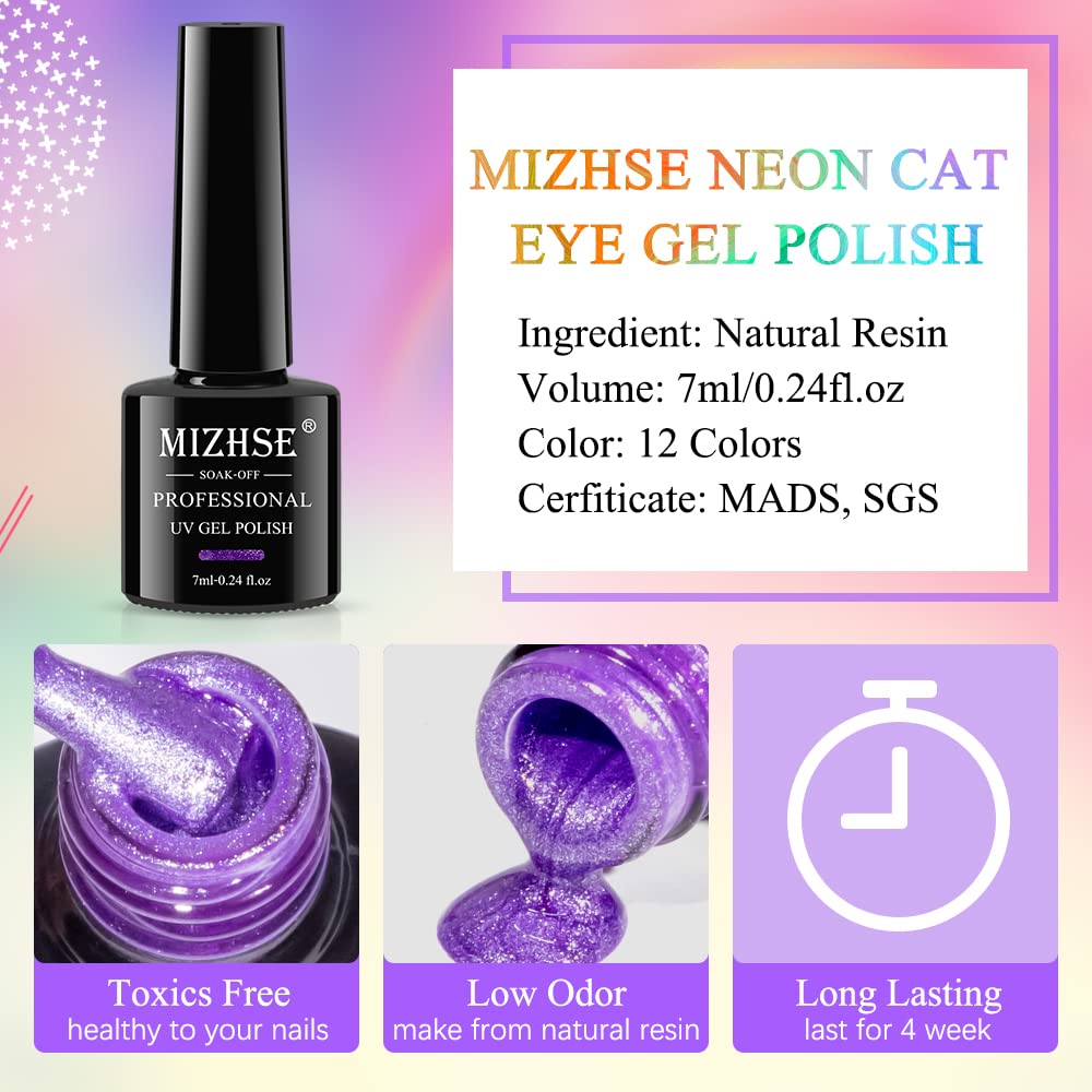 MIZHSE Neon Cat Eye Gel Polish Kit – 12-Color Glitter Magnetic Set with 3D Magnet