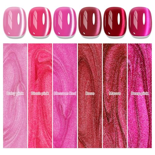 MIZHSE Cat Eye Gel Nail Polish Set – Pink Magnetic Gel Polish with Magnet Stick, Neon Hot Pink Gloss
