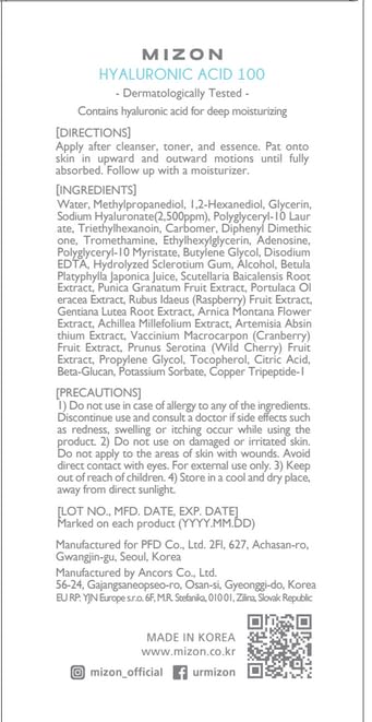 MIZON Hyaluronic Acid 100 Serum – Deep Hydration, Glass Skin Glow (2,500 PPM HA) with Adenosine