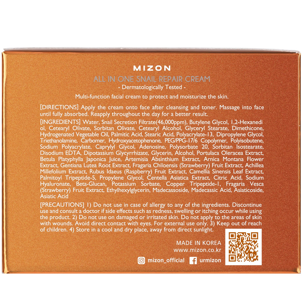 MIZON All-in-One Snail Repair Cream – Korean Moisturizer with 40k PPM Snail Mucin (2.54 oz)