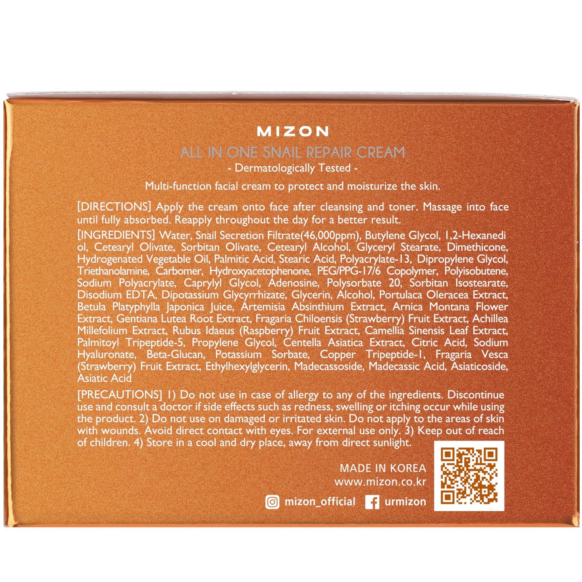 MIZON All-in-One Snail Repair Cream – Korean Moisturizer with 40k PPM Snail Mucin (2.54 oz)