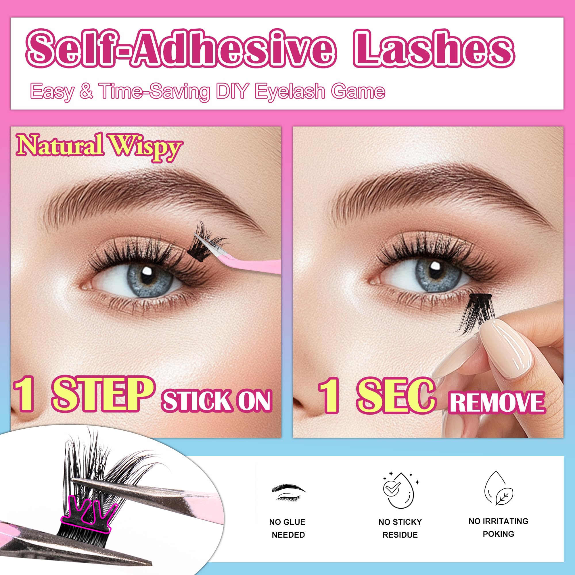 MJJOMAY JoMay Self-Adhesive Eyelashes – Glueless, Pre-Glued Kit, 48pcs, 10–16mm, D Curl for Beginners