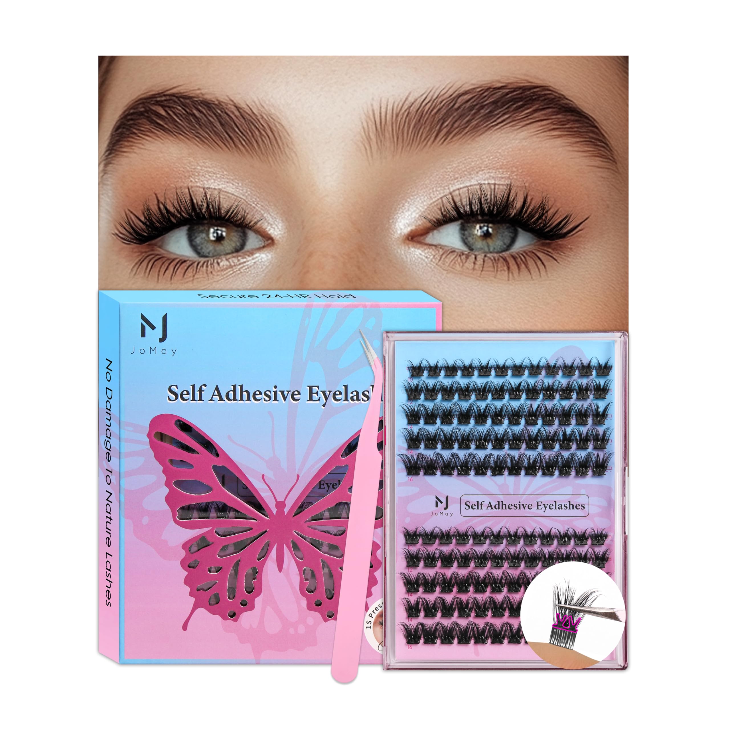 MJJOMAY JoMay Self-Adhesive Eyelashes – Glueless, Pre-Glued Kit, 48pcs, 10–16mm, D Curl for Beginners