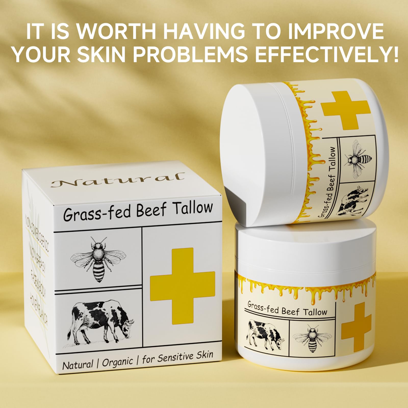mkzea Grass-Fed Beef Tallow with Raw Honey – Whipped Skin Balm, 2 Pack