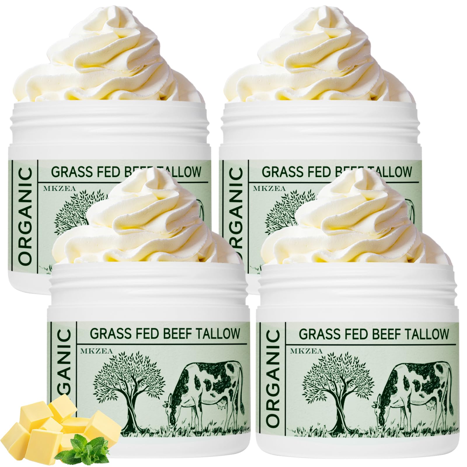 mkzea Beef Tallow Moisturizer for Dry Skin – Unscented, Grass-Fed Whipped Tallow Cream (4-Pack)