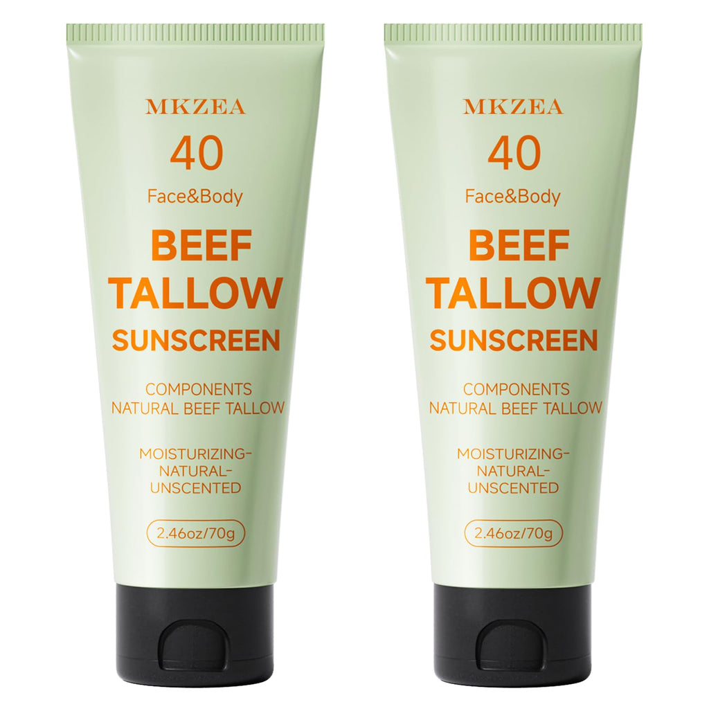 MKZEA Tallow Sunscreen – Reef Safe Travel Sunblock for Face & Body, Grass-Fed Natural, 2-Pack