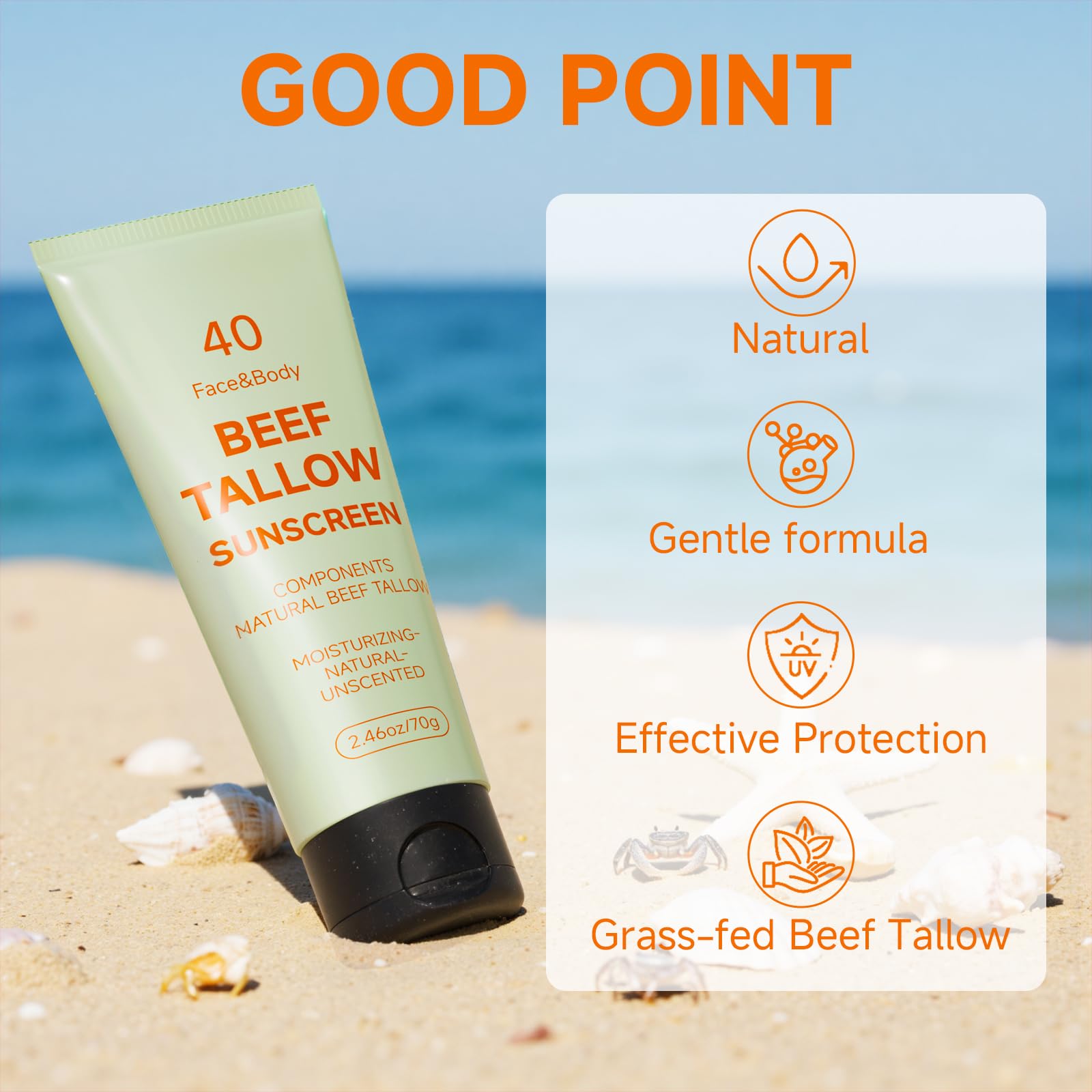MKZEA Tallow Sunscreen – Reef Safe Travel Sunblock for Face & Body, Grass-Fed Natural, 2-Pack