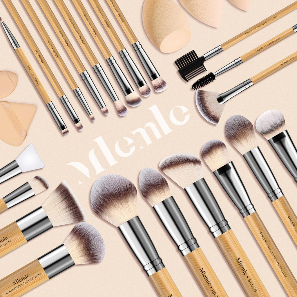 Mlemle 26-Piece Makeup Brushes Set – Bamboo Handles, Sponges & Puff (A03)