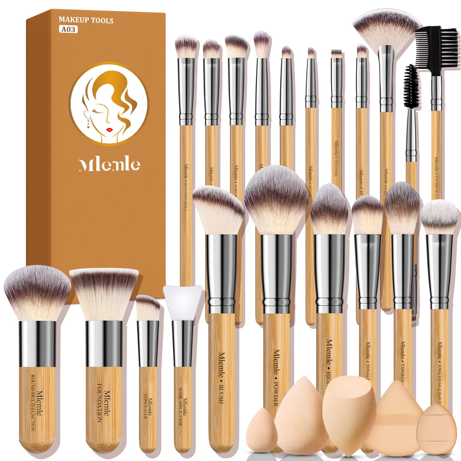 Mlemle 26-Piece Makeup Brushes Set – Bamboo Handles, Sponges & Puff (A03)