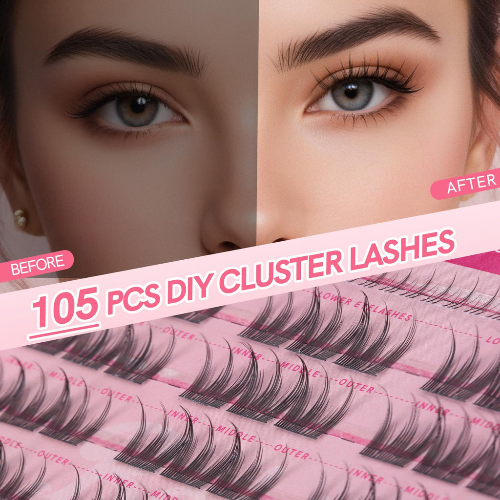 MLEN DIARY Natural C Curl Lash Clusters 10-13mm | 105pcs Wispy Candy Baby Kit