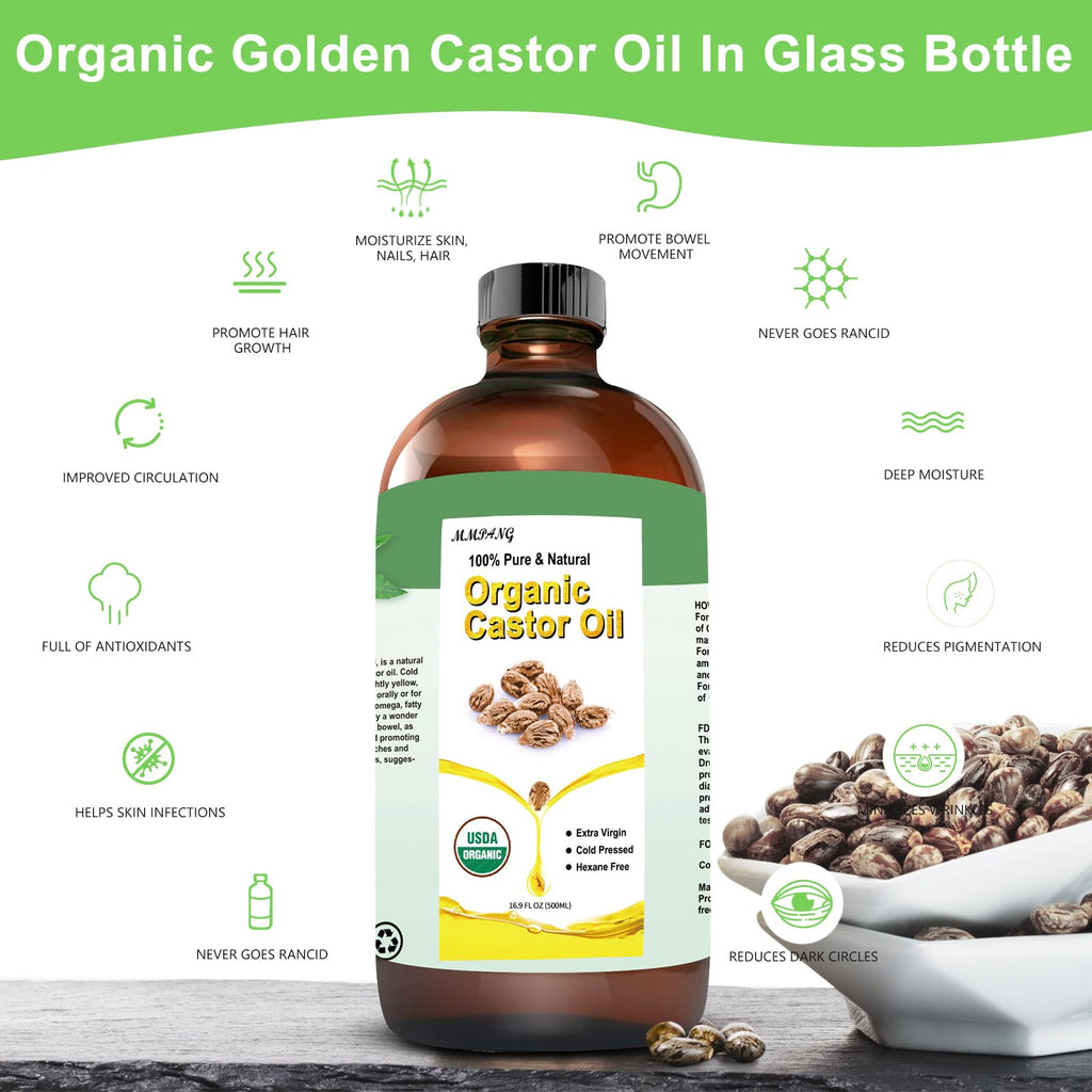 MMPANG Organic Castor Oil – 16.9oz, 100% Pure, Cold-Pressed, Hexane-Free