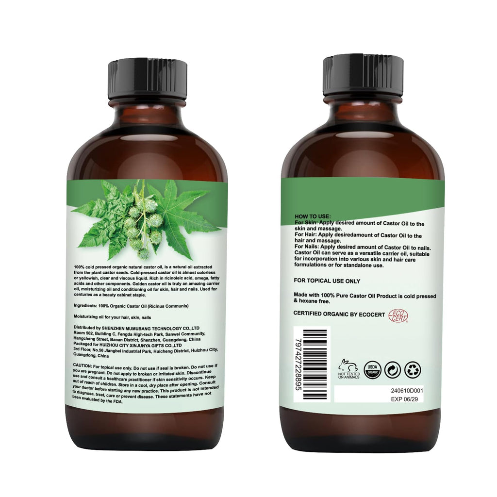 MMPANG Organic Castor Oil for Lashes & Brows – 8oz, USDA Certified Organic, Cold-Pressed, Hexane Free