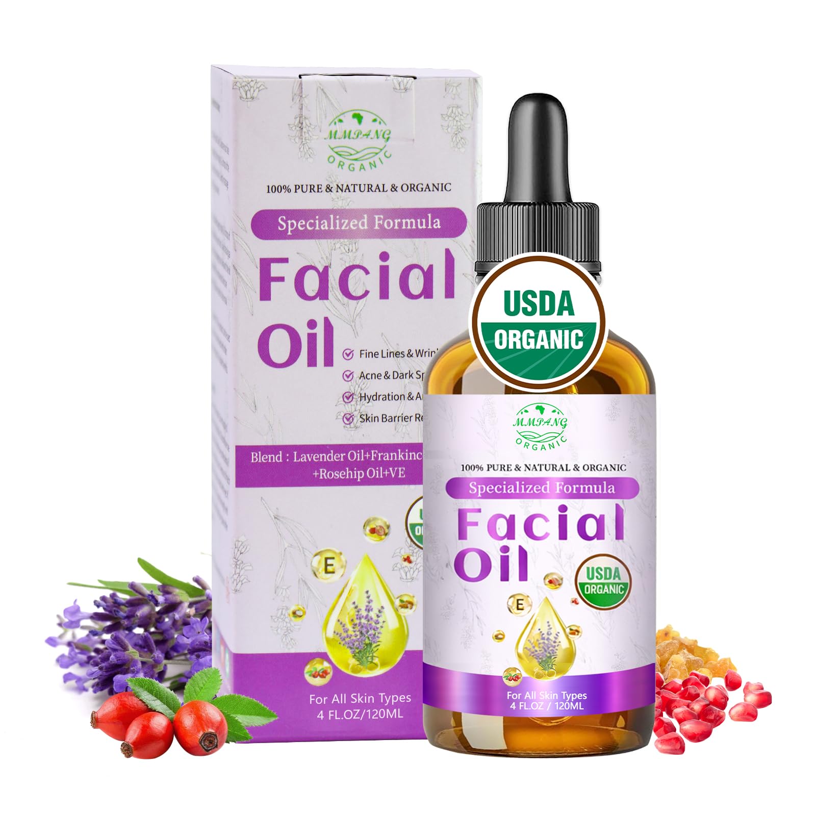 MMPANG Lavender Oil for Face – Organic Facial Oil with Rosehip, Vitamin E, Frankincense & Pomegranate (4oz)