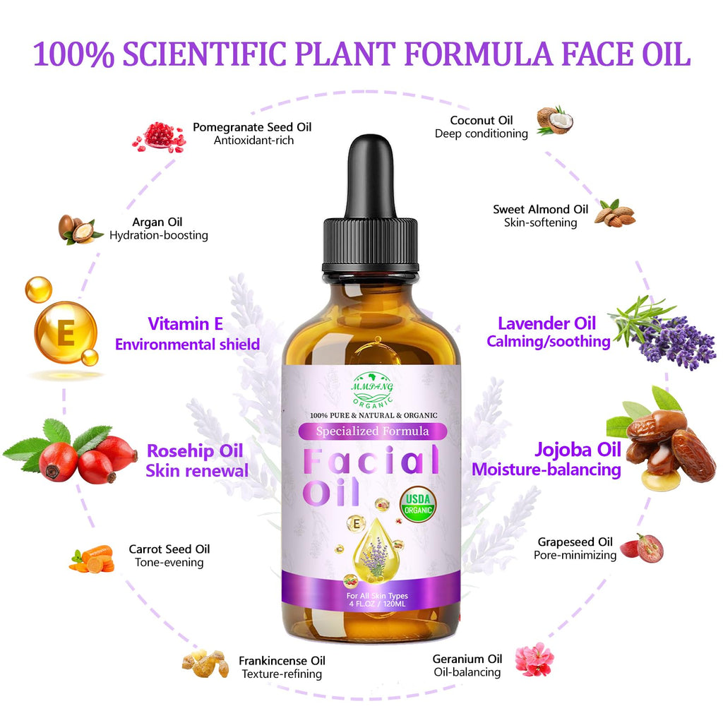 MMPANG Lavender Oil for Face – Organic Facial Oil with Rosehip, Vitamin E, Frankincense & Pomegranate (4oz)