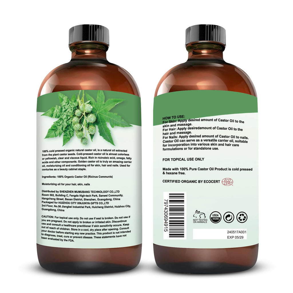 MMPANG Organic Castor Oil – 16.9oz, 100% Pure, Cold-Pressed, Hexane-Free