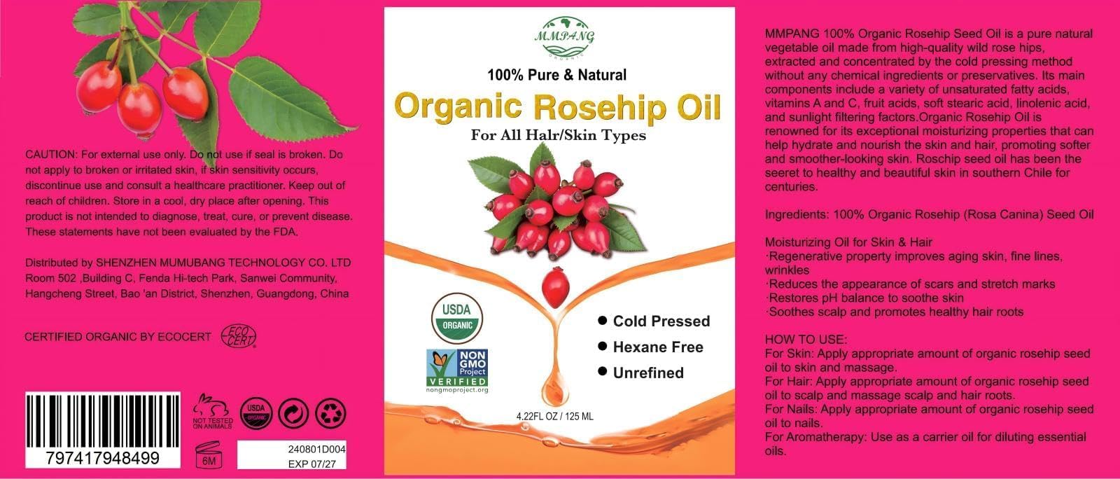 MMPANG 100% Pure Rosehip Oil – Organic, Cold-Pressed, Hexane-Free
