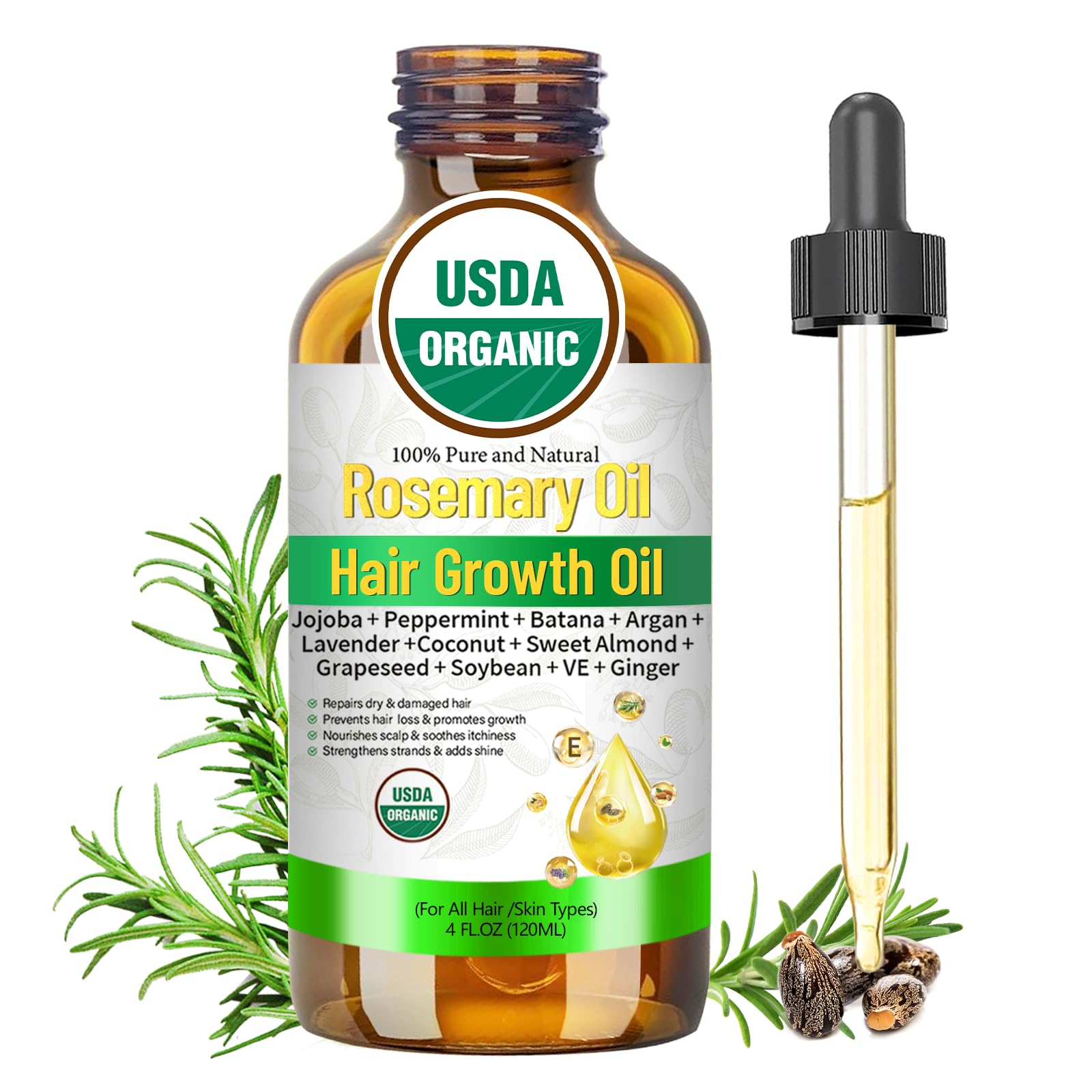 MMPANG Rosemary Oil for Hair Growth – USDA Certified Cold-Pressed with Castor & Peppermint, 4 FL OZ