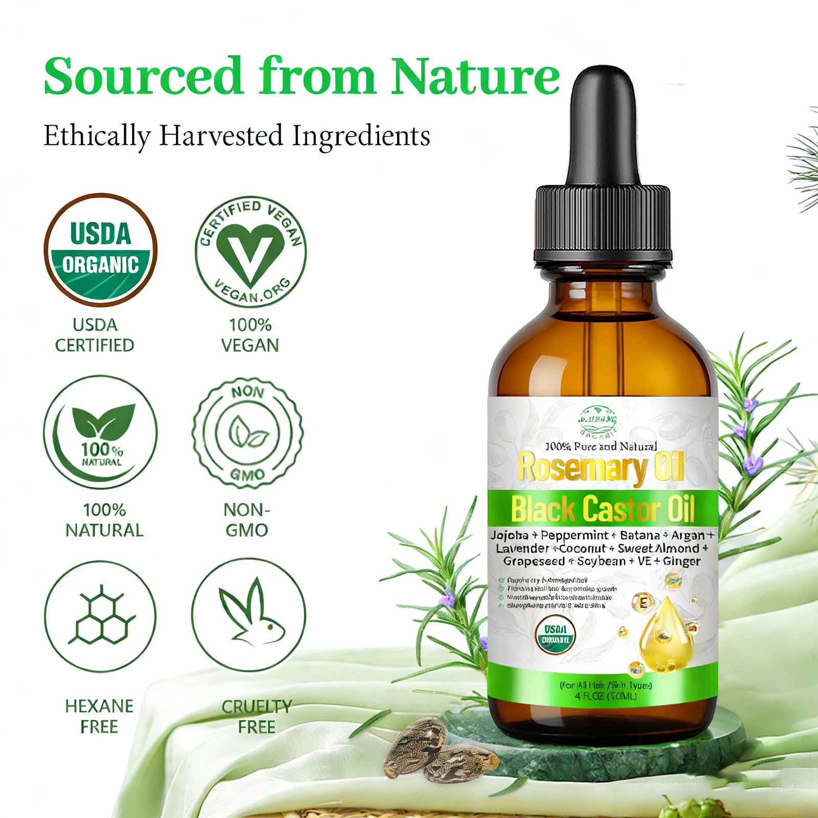 MMPANG Rosemary Oil for Hair Growth – USDA Certified Cold-Pressed with Castor & Peppermint, 4 FL OZ