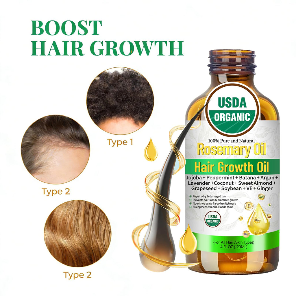 MMPANG Rosemary Oil for Hair Growth – USDA Certified Cold-Pressed with Castor & Peppermint, 4 FL OZ