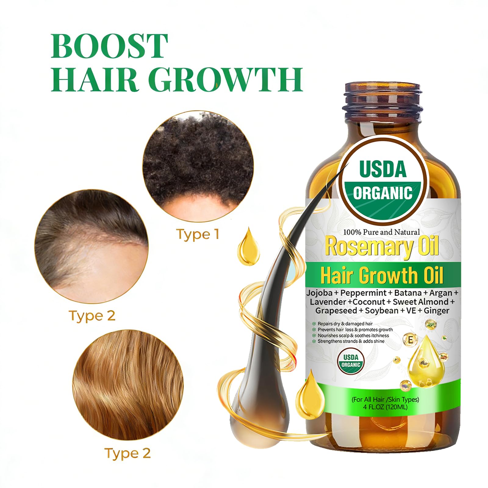 MMPANG Rosemary Oil for Hair Growth – USDA Certified Cold-Pressed with Castor & Peppermint, 4 FL OZ