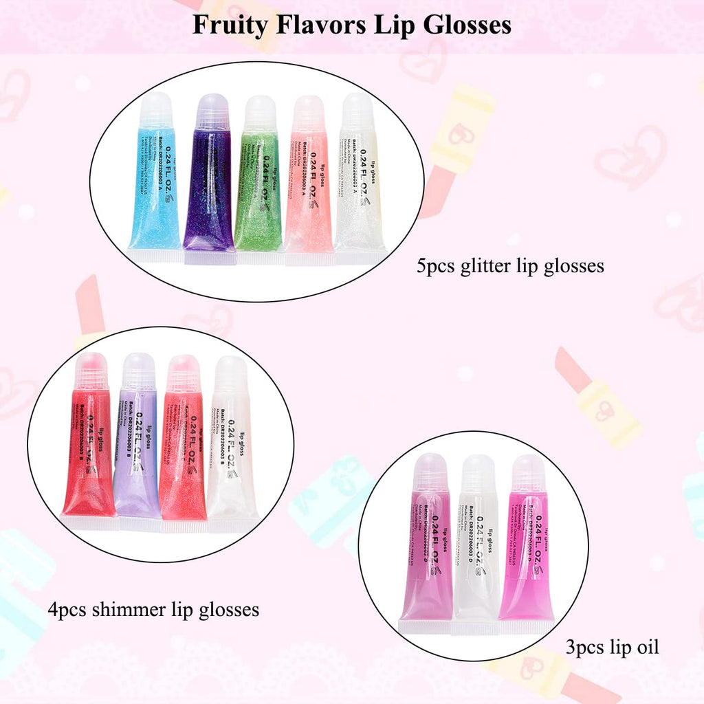 M&U Glitter Lip Gloss Set with Carrying Case – 12 Flavors for Kids & Teens