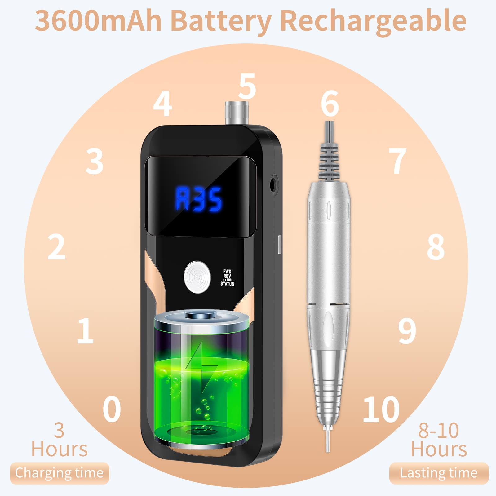 MOCOWIND Portable Nail Drill 35000 RPM – Rechargeable Cordless E-File for Manicure & Pedicure