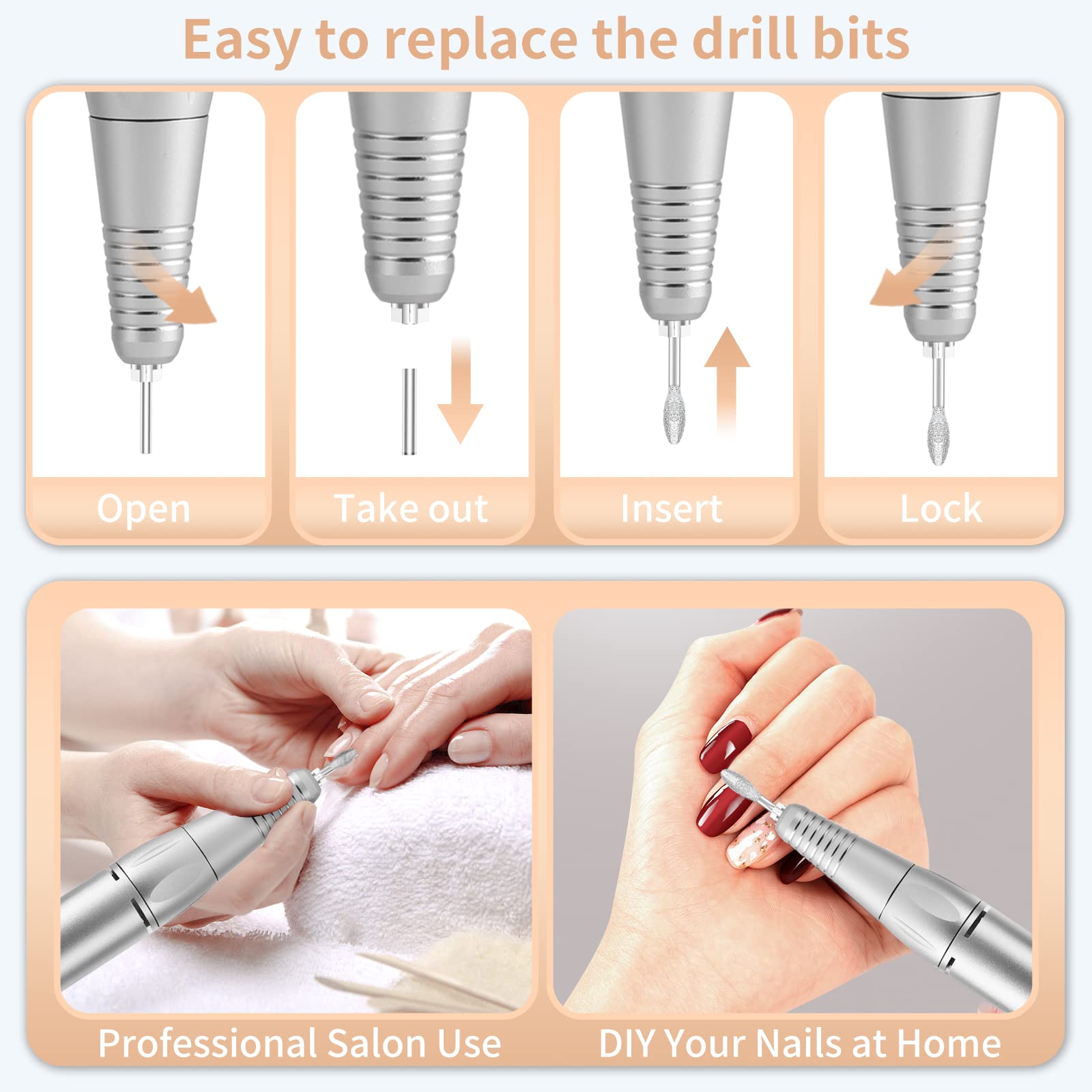 MOCOWIND Portable Nail Drill 35000 RPM – Rechargeable Cordless E-File for Manicure & Pedicure