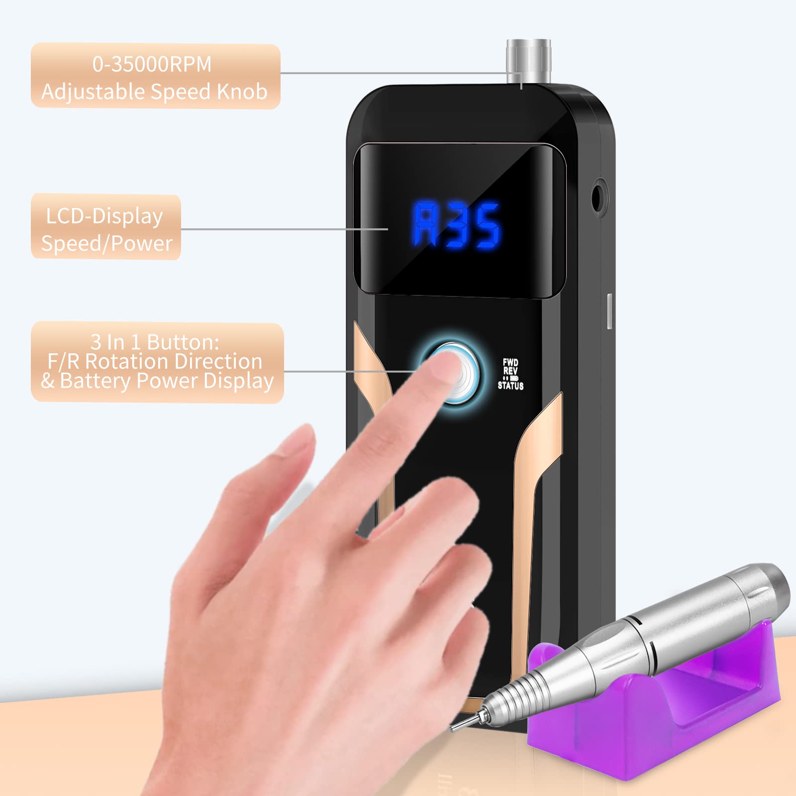 MOCOWIND Portable Nail Drill 35000 RPM – Rechargeable Cordless E-File for Manicure & Pedicure