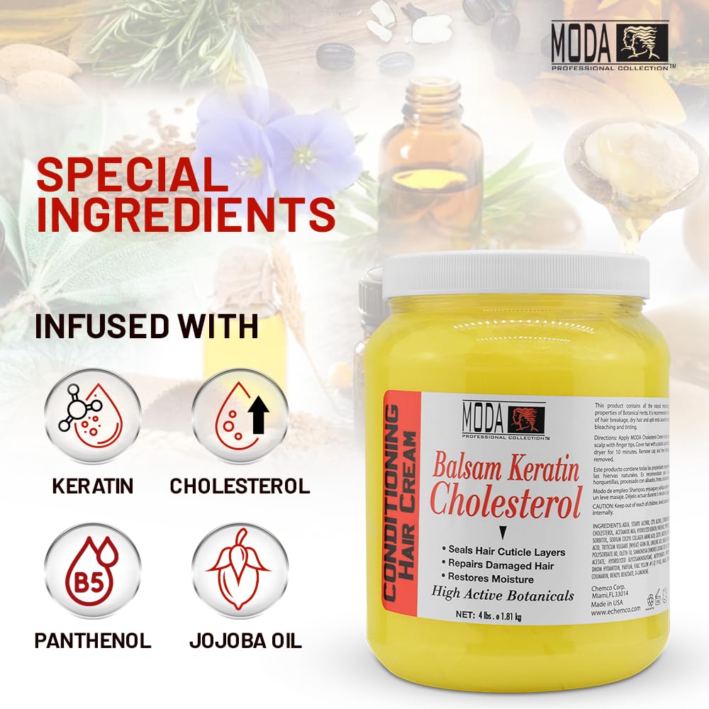 MODA Cholesterol Deep Conditioning Hair Cream – Keratin, Panthenol, Collagen Amino Acids, Jojoba Oil, Vitamin E (64 Oz)