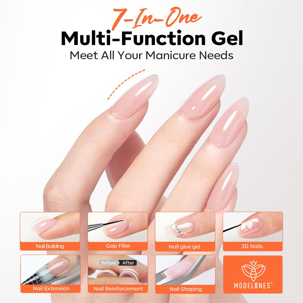 Modelones Builder Nail Gel 7-in-1 Clear Gel with 9mm Brush | 15ml, LED Curing