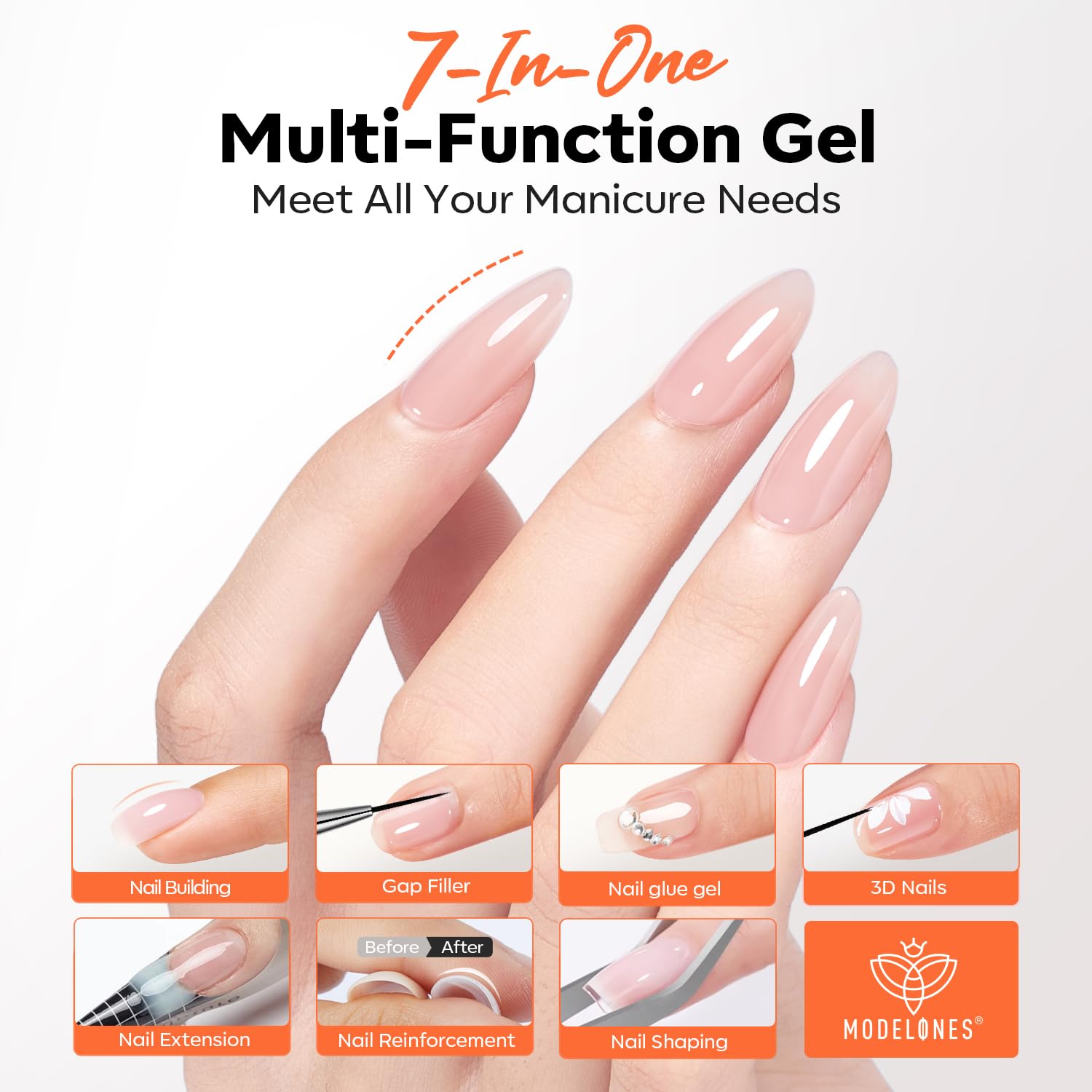 Modelones Builder Nail Gel 7-in-1 Clear Gel with 9mm Brush | 15ml, LED Curing