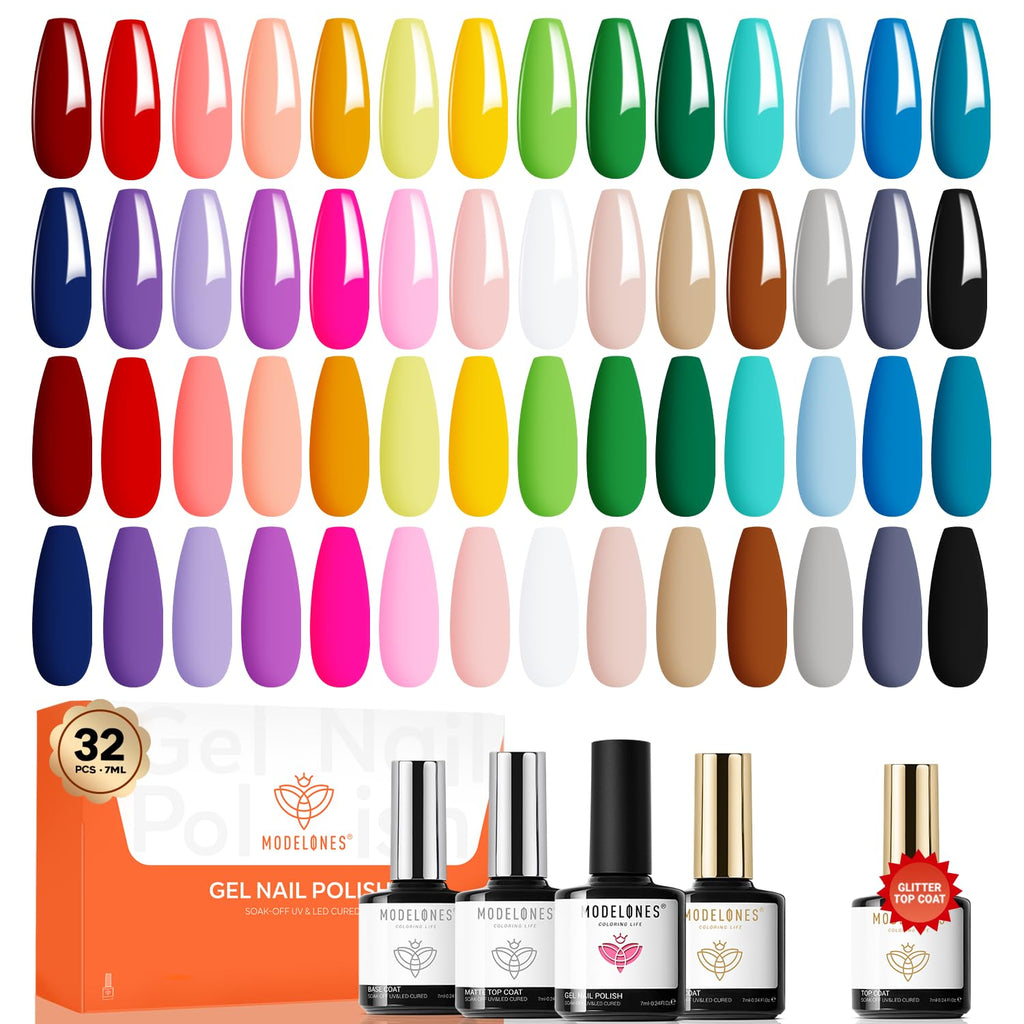 Modelones 32-Piece Gel Nail Polish Set – 28 Colors with No-Wipe Base, Glitter, Glossy & Matte Top Coats | Soak-Off LED Nail Kit at Home