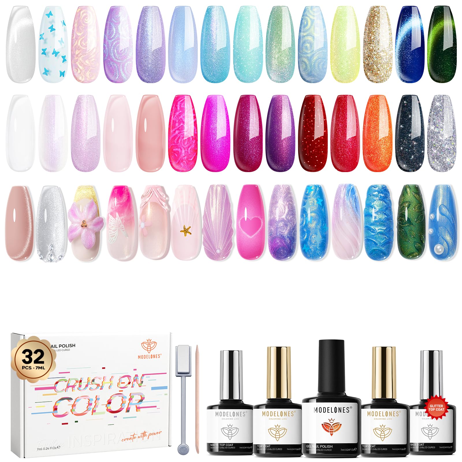 Modelones 32-Color Gel Nail Polish Set with Cat Eye & Magnet – No-Wipe Base & Top Coats