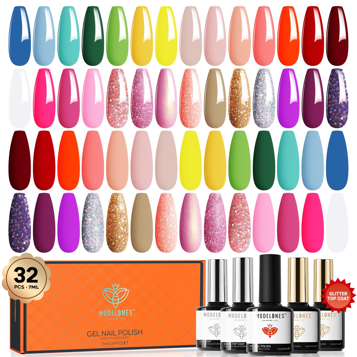 Modelones 32-Piece Gel Nail Polish Set — 28 Colors, No-Wipe Base Coat, Glitter & Matte/Glossy Top Coats, Soak-Off LED Kit