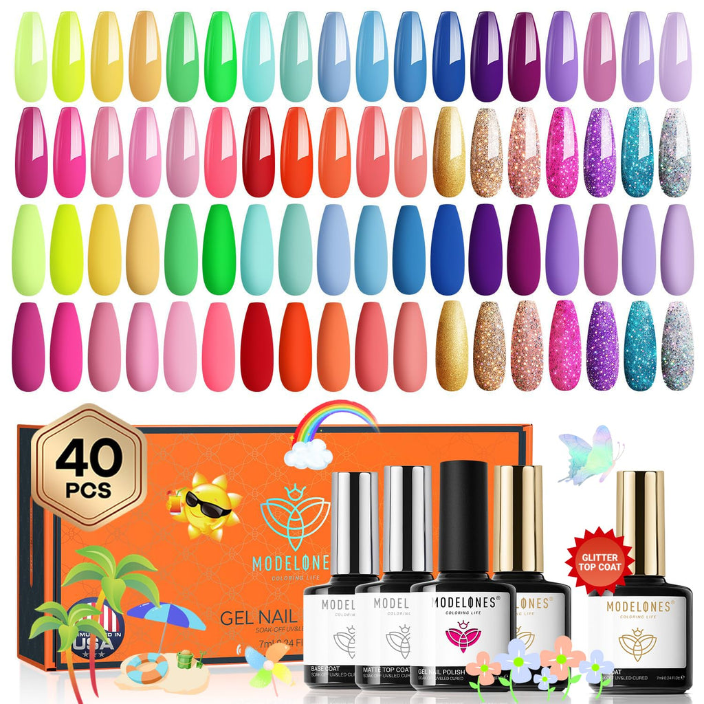 Modelones 40 Pcs Gel Nail Polish Set – 36 Neon Colors + 4 Coats (Base/Top), Soak-Off Gel Manicure