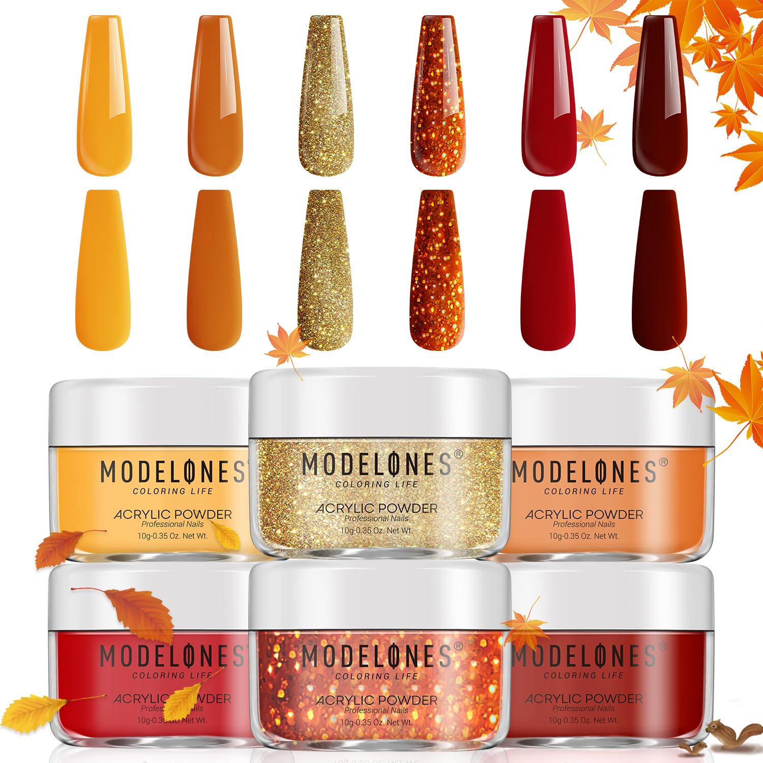 MODELONES 6 Colors Acrylic Powder – Fall Nail Art Kit for 2–3 Week Wear