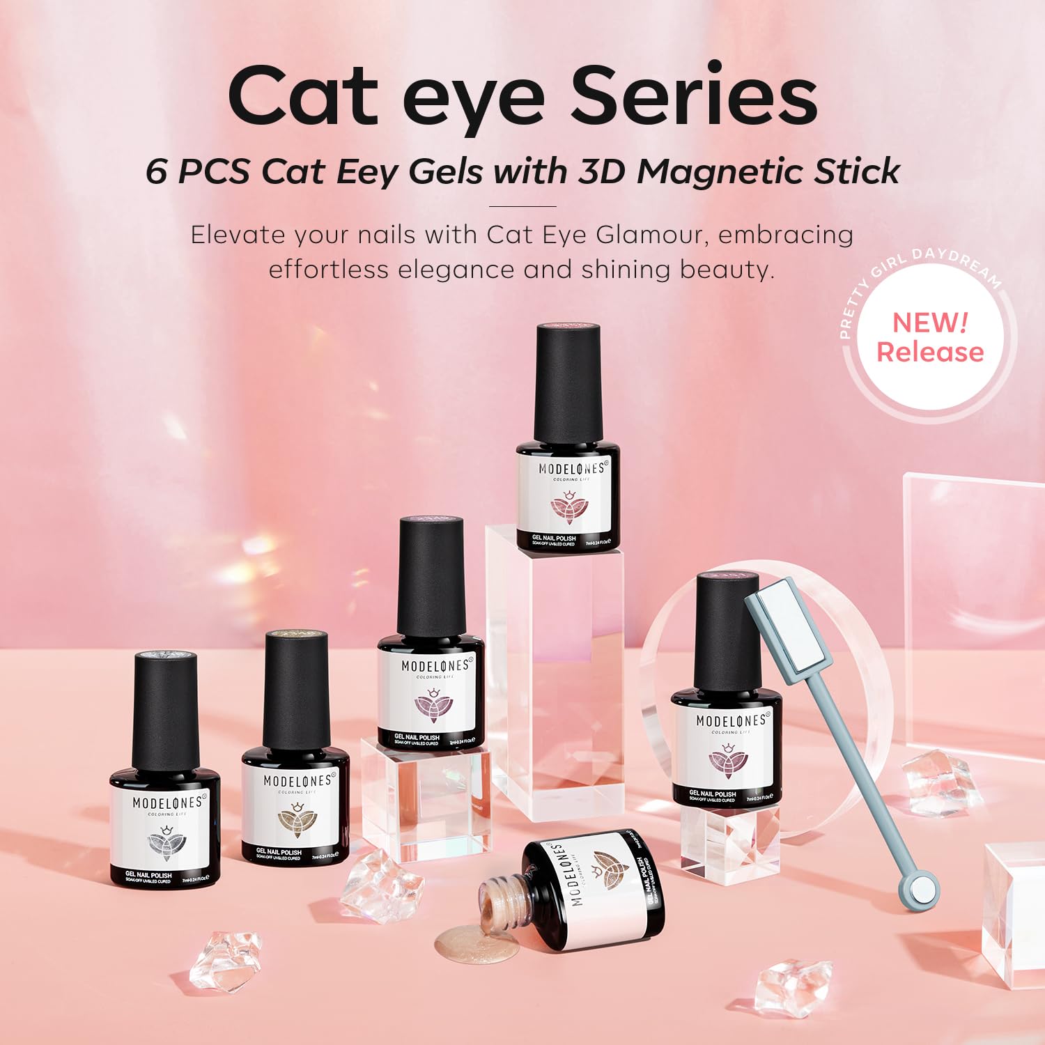 Modelones Gel Nail Polish Set – 6 Nude Pink Cat Eye Polishes + Magnetic Stick (9D Glassy)