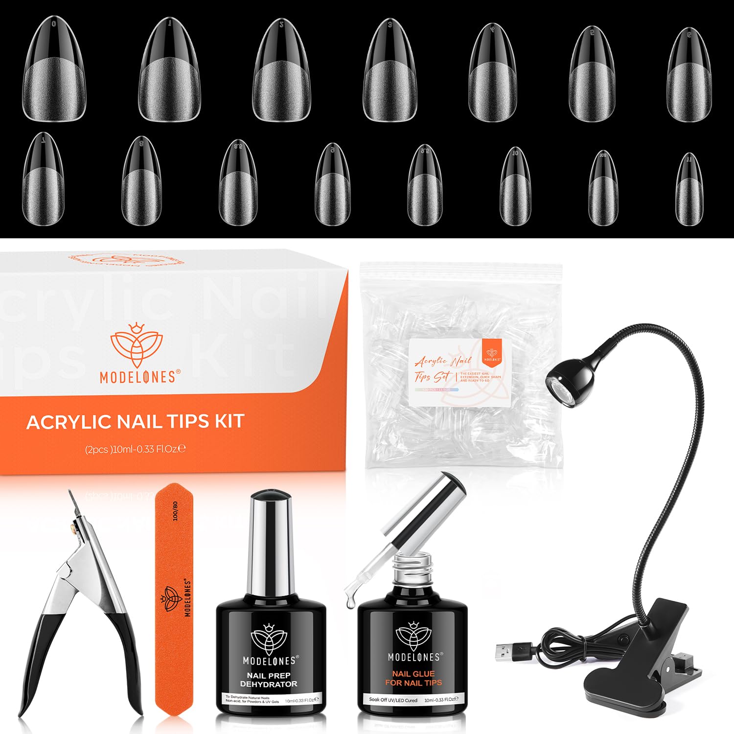 Modelones X Nail Gel Kit Almond: 510 Tips, Gooseneck LED Lamp, 10-in-1 Glue & Dehydrator
