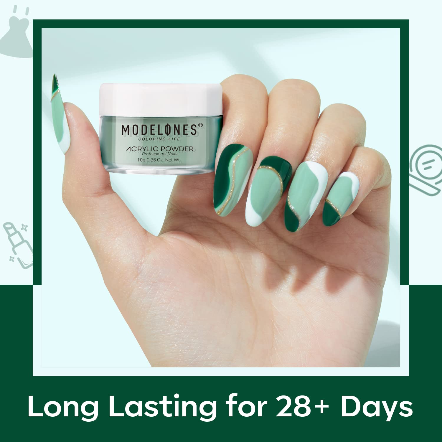 Modelones Acrylic Powder Kit — 6 Spring Colors for DIY Nail Art (Sage Green, Mist Blue, Light Grey, Dark Olive, Matcha, Avocado) - No Lamp Needed